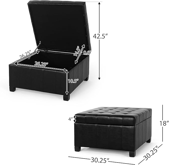 Christopher Knight Home Faux Leather Storage Ottoman Square Ottoman End of Bed Ottoman Cube for Bedroom Entryway Foot Rest Stool with Hinged Lid 30.25" x 30.25" x 18", Black