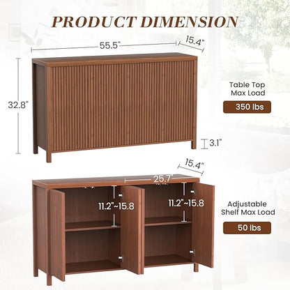 YOUDENOVA Fluted Buffet Cabinet with Storage Set of 2, Modern Sideboard Cabinets with 4 Doors & Adjustable Shelves, Accent Credenza Storage Cabinet, Wood Entryway Cabinet for Living Room, Brown