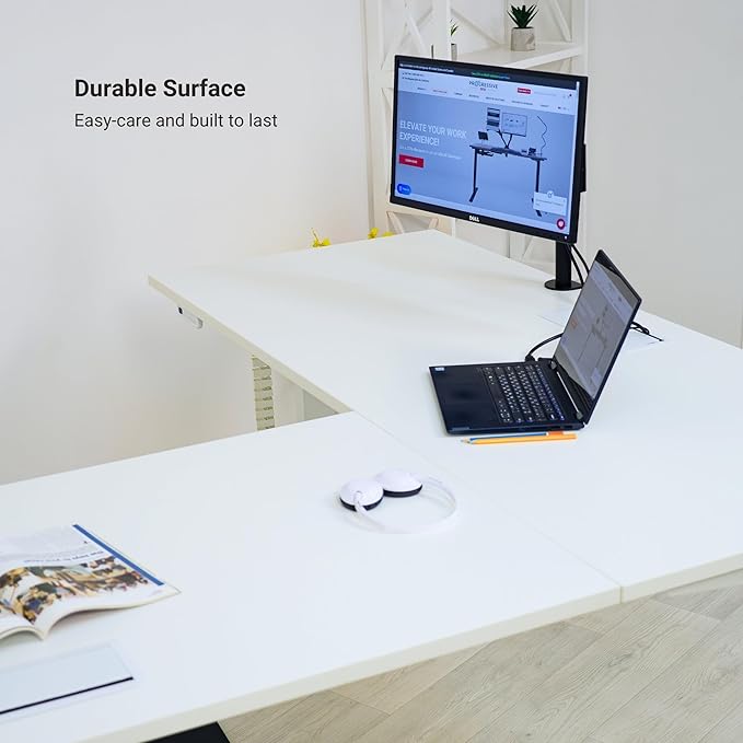 Progressive Desk Stand Up Height Adjustable Standing Desk - L Shaped 85" x 72" Corner Computer Rising Workstation Electric Table - Gray Frame, Ebony Oak Top