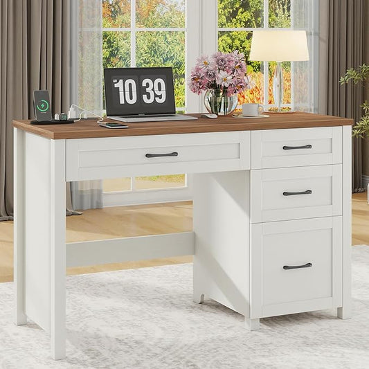 Vabches Farmhouse 47" Executive Desk, Computer Desk with File Drawer and Charging Station, Workstation for Home Office & Study（Off White