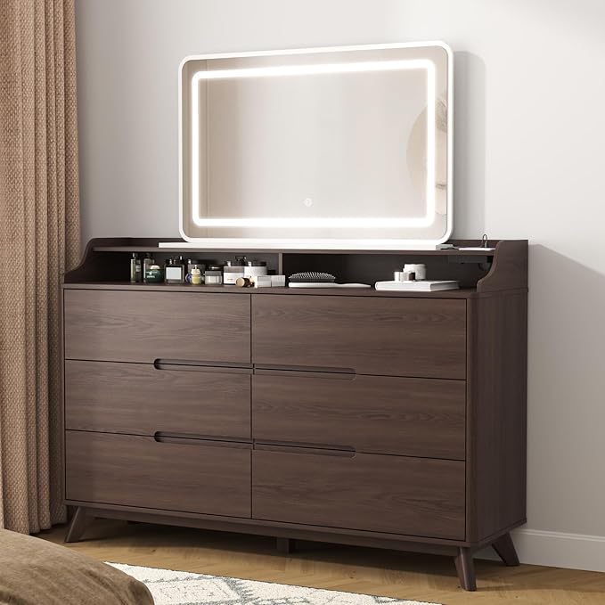 Dresser for Bedroom with 6 Drawers, 55" Large Dresser & Chest of Drawers with Charging Station, Wood Closet Clothes Storage Long Dressers Organizer for Bedroom Living Room Hallway, Brown