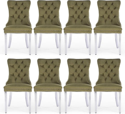 Velvet Upholstered Dining Chairs Set of 8, Modern Kitchen Side Chairs with Nailhead Trim and Silver Plated Leg, Metal Pulling Ring for Dining Room Living Room(Olive Green-Silver Plated Leg)