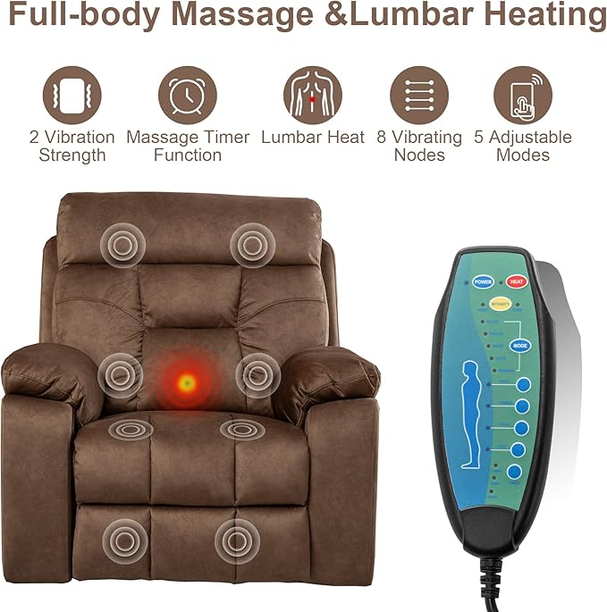 Oversized Lift Recliner Chairs for Elderly, 26in Extra Wide Power Chair with Massaga and Heating, Large Electric Lay Flat Recliners Sofa for Big and Tall Adult Lounging, Velvet Brown