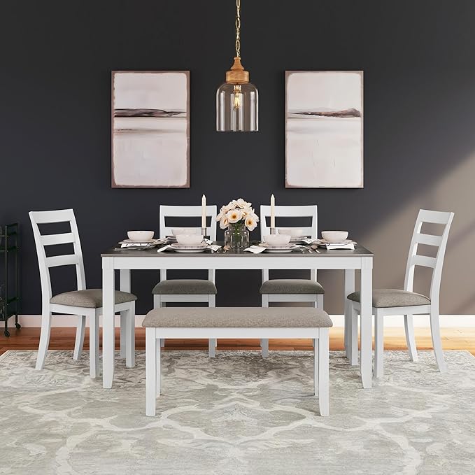 Signature Design by Ashley Stonehollow Casual Rectangular Dining Room Table Set with 4 Chairs and Bench, Set of 6, Foam Cushions, Wood, White and Gray