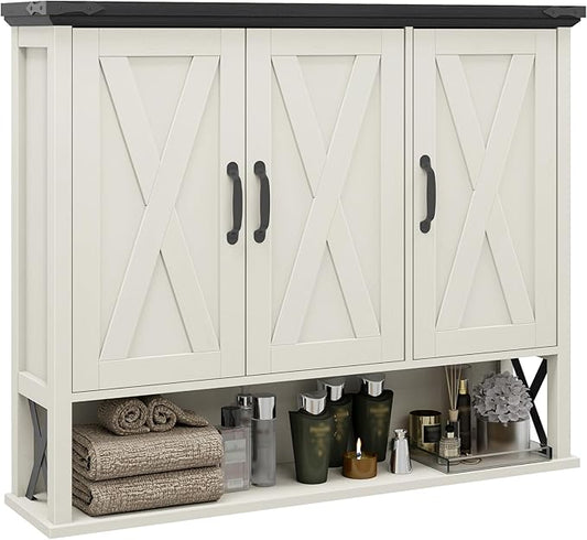 Bathroom Wall Cabinet, Farmhouse Medicine Cabinet with Adjustable Wood Shelf & 3 Doors, Over The Toilet Storage Cabinet for Wall Mounted for Bathroom Laundry Room Kitchen, White and Black