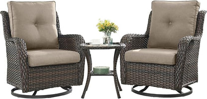 HUMMUH 3-Piece Swivel Rocking Rattan Chair Outdoor, Patio Bistro Furniture Conversation Set,Cushioned Wicker Chair with Glass Coffee Table(Brown, Grey)