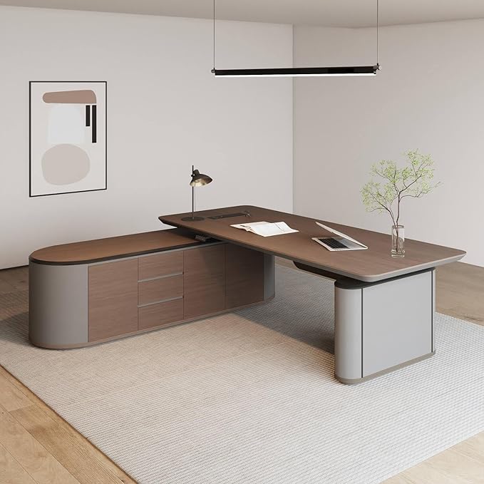 SAINTCY Large Executive Office Desk with File Cabinet, 86.6 Inch Sit & Stand L Shaped Executive Desk, Adjustable Luxury Office Desks for Boss, Business Owners, Managers and Supervisors Return Left