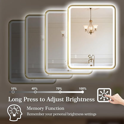 S'bagno 32X24 Gold LED Mirror for Bathroom with Frontlit & Backlit, LED Bathroom Mirror with Metal Frame, Anti-Fog, Stepless Dimmable, 3 Colors Temperature LED Vanity Mirror(Horizontal/Vertical)