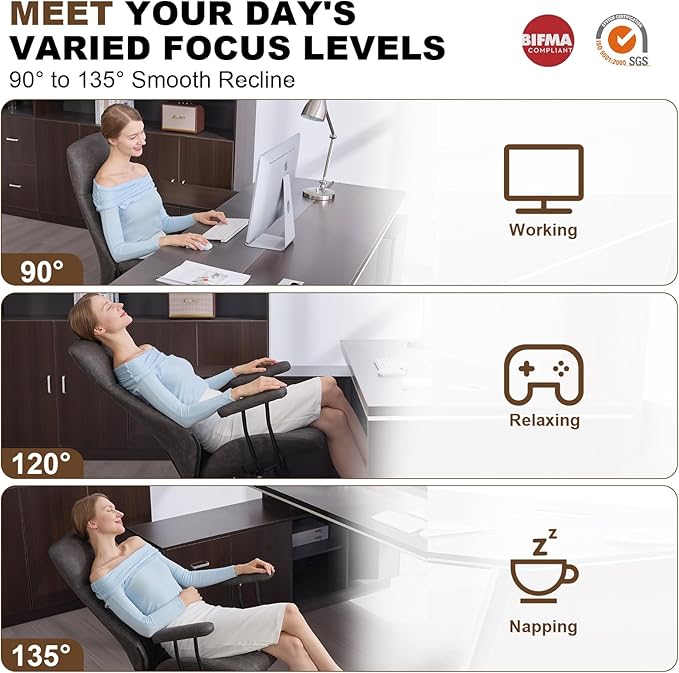 Home Office Desk Chair, Ergonomic High Back Leather Computer Chair with Lumbar Support, Adjustable Height & Recline, Swivel Executive Office Chair with Armrests and Rubber Casters, Dark Grey