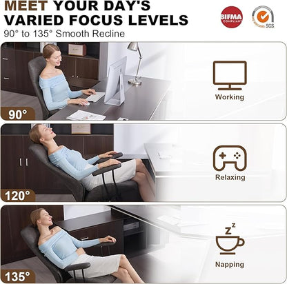 Home Office Desk Chair, Ergonomic High Back Leather Computer Chair with Lumbar Support, Adjustable Height & Recline, Swivel Executive Office Chair with Armrests and Rubber Casters, Dark Grey