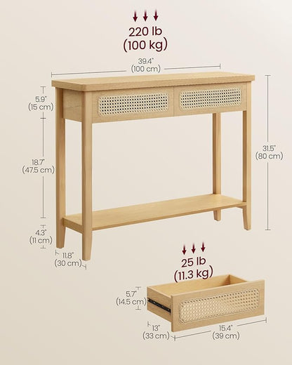 VASAGLE Console Table, Sofa Table, Narrow Entryway Table with 2 Drawers, Open Storage Shelf, Rounded Corners, for Living Room, Boho Style, Oak Beige ULNT016Y57V1