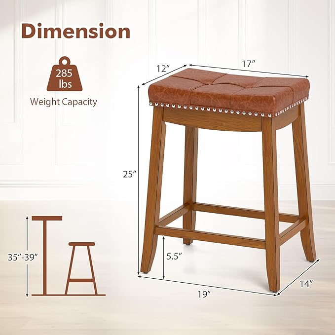 COSTWAY Saddle Bar Stools Set of 4, 25-Inch Counter Height Barstools w/PU Leather Seat, Solid Rubber Wood Frame, Footrest, Mid-Century Backless Counter Stools for Kitchen Island Home Bar