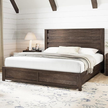 AMERLIFE Farmhouse King Platform Bed Frame with 49" Fluted Headboard, Wooden Bed with Natural Grain Finish, Noise-Free, No Box Spring Required, Easy Assembly, Grey