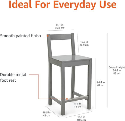 Amazon Basics Wooden Bar Stool with Backrest 24", Grey, Set of 2