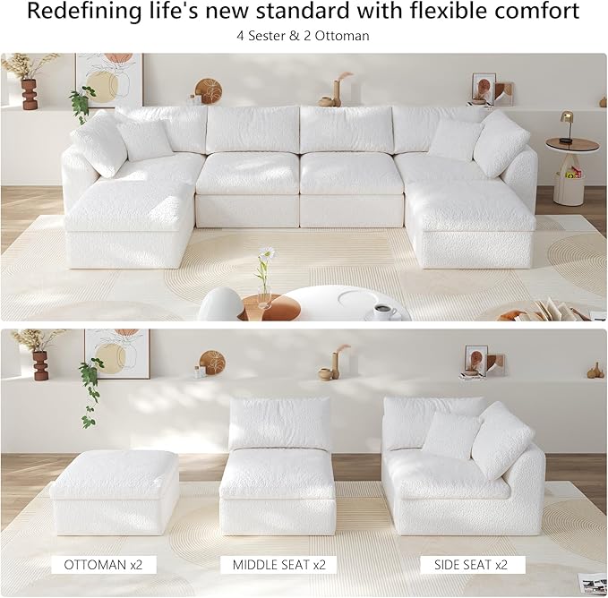 138" Boneless Cloud Couch Modular Sectional Sofa with Deep Seat for Living Room, L Shape Couch with Ottoman, Snowflake Cloth and 40D Memory Sponge，2 Throw Pillows (White, 4 Seater+2 Ottoman)