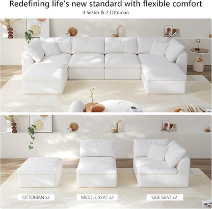 138" Boneless Cloud Couch Modular Sectional Sofa with Deep Seat for Living Room, L Shape Couch with Ottoman, Snowflake Cloth and 40D Memory Sponge，2 Throw Pillows (White, 4 Seater+2 Ottoman)