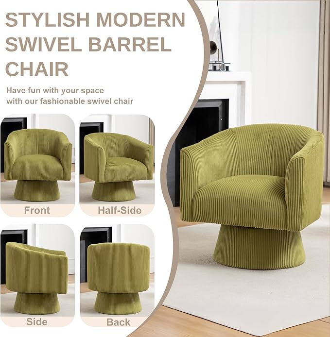Swivel Accent Chair Set of 2, Modern 360° Swivel Barrel Chair, Corduroy Upholstered Single Sofa for Living Room, Bedroom(Mint Green)