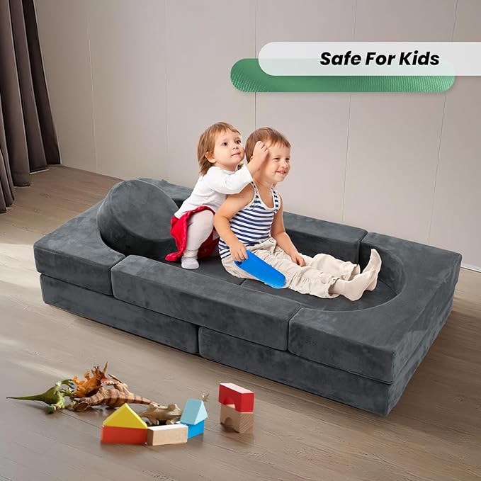 HOMFINE 16pcs Modular Kids Play Couch, Kids Toddler Couch, Child Sectional Sofa, Versatile Kid Sofa for Playroom Bedroom, Convertible Foam and Floor Cushion for Boys and Girls, Grey
