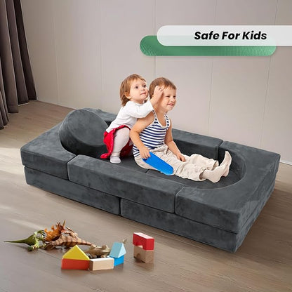 HOMFINE 16pcs Modular Kids Play Couch, Kids Toddler Couch, Child Sectional Sofa, Versatile Kid Sofa for Playroom Bedroom, Convertible Foam and Floor Cushion for Boys and Girls, Grey