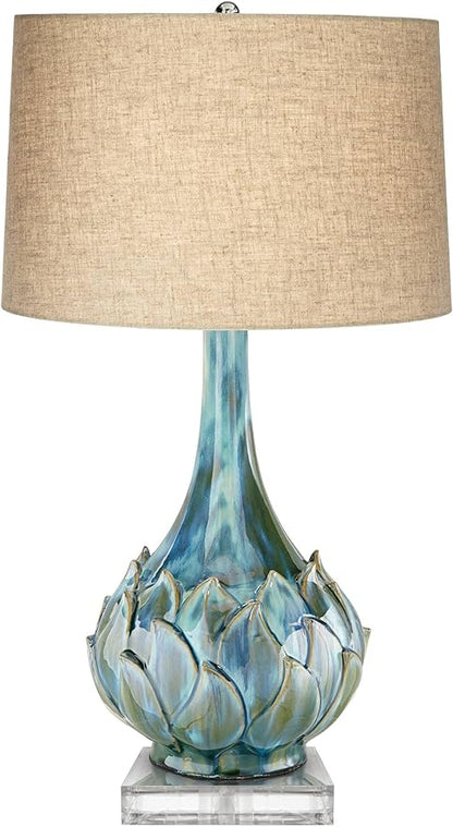 Possini Euro Design Kenya Modern Tropical Table Lamp with Riser 31" Tall Blue Green Ceramic Beige Linen Drum Shade for Living Room Bedroom House Bedside Home Office Entryway (Color May Vary)