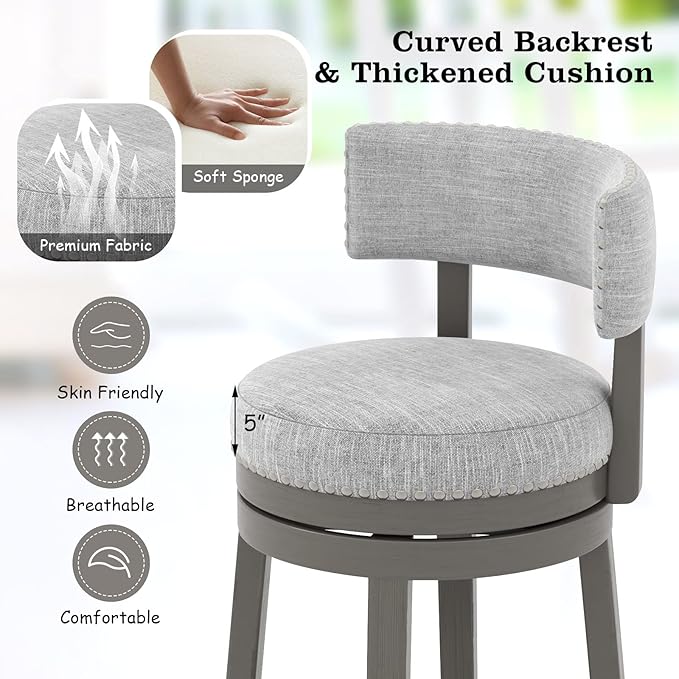 COSTWAY Bar Stool Set of 2, 27-inch 360° Swivel Barstool with Upholstered Back & Seat, Solid Rubber Wood Legs & Footrest, Farmhouse Counter Height Chair for Home, Bar, Cafe, Grey (2, Seat height 27‘’)