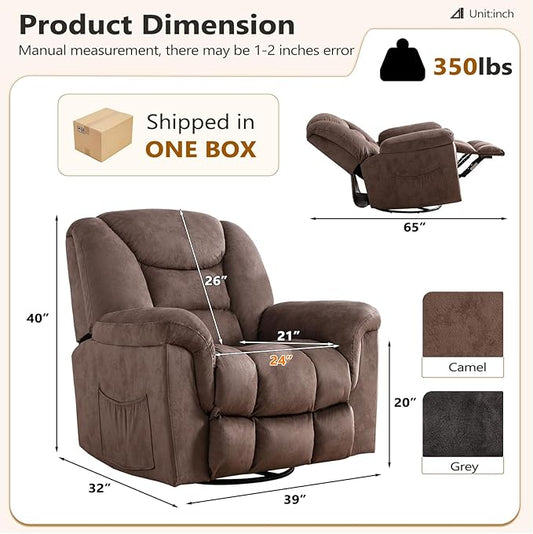 ANJ Rocker Recliner Chair Oversized Manual 360° Swivel Recliners Comfy Glider Rocking Chairs for Big Man Extra Wide Overstuffed Reclining Chair for Living Room, Camel