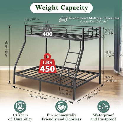 Bunk Beds Twin Over Full Size, Heavy Duty Bunk Beds with Bottom Space & Guardrail Metal Bunk Bed Frame for Adults Dorm Bedroom Guest Room, No Box Spring Needed（Upgrate Black）