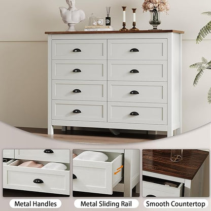 Farmhouse White Dresser for Bedroom, Wide Wood Dressers & Chests of Drawers, Modern 8 Drawer Double Dresser for Bedroom with Vintage Black Handle, 8 Drawer Dressers for Hallway, Antique White