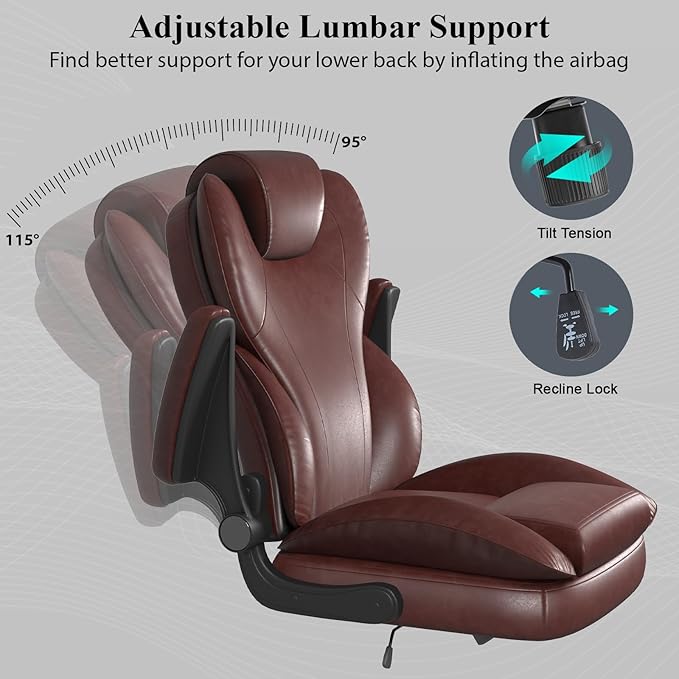 Office Desk Chair, Executive Leather Office Chair, High Back Ergonomic Home Desk Chair with Padded Flip-up Arms, Big and Tall Computer Chair with Rocking Function, 360°Swivel Free, Brown