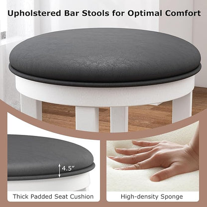 COSTWAY Upholstered Bar Stools Set of 4, 25” Counter Height Bar Chairs with Padded Cushion & Wooden Frame, Faux Leather Backless Stools for Kitchen, Dining Room, Pub, White + Grey