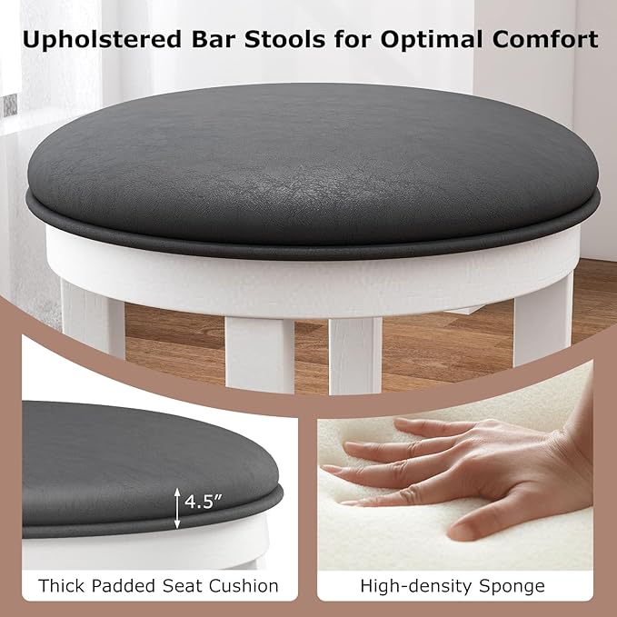 COSTWAY Upholstered Bar Stools Set of 2, 25” Counter Height Bar Chairs with Padded Cushion & Wooden Frame, Faux Leather Backless Stools for Kitchen, Dining Room, Pub, White + Grey