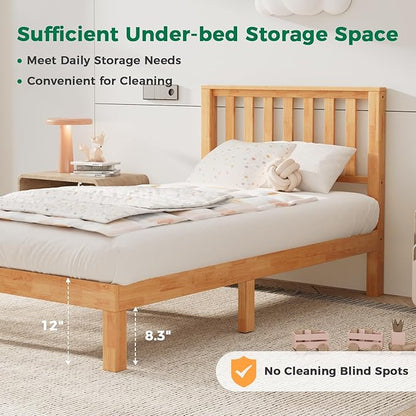 DELAVIN Twin Bed Frame with Headboard, Malaysian Oak Wood Platform Bed Frame, Farmhouse Bed Frame with 12 Wooden Slats Support, No Box Spring Needed, Easy Assembly, Twin, Rustic Pine