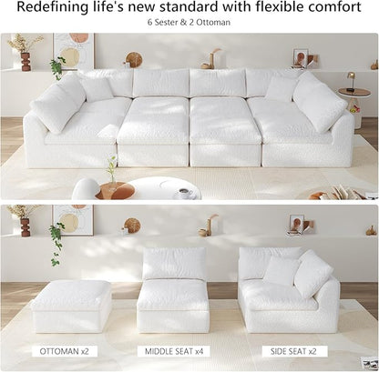 Boneless Cloud Couch Modular Sectional Sofa with Deep Seat for Living Room, L Shape Couch with Ottoman, Snowflake Cloth and 40D Memory Sponge，2 Throw Pillows (White, 6 Seater+2 Ottoman)