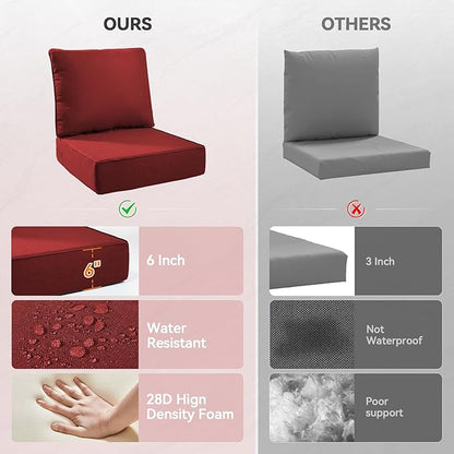 Luxury 6" Outdoor Cushions for Patio Furniture, 24x24x6" Thick Seat Cushion Set of 9, Fade Resistant Couch Chair Replacement Cushions High Density Deep Wicker Chair Cushion w/ Removable Cover, Red