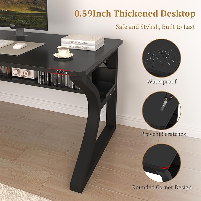 StarGraph Computer Desk 47'' Large Home Office Desk with Sturdy Metal Frame U Shaped Modern Computer Desks with Storage Study Writing Office Work from Home Desks (Black, 47 inch)