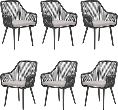 JOIVI Outdoor Dining Chairs Set of 6, 6 Pieces Woven Rope Patio Chairs with Armrest and Seat Cushions for Outside Porch, Balcony or Indoor Dining Kitchen, Restaurant, Black
