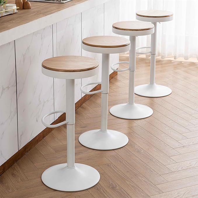 Kidol & Shellder Bar Stools Set of 4 Round Adjustable Swivel Barstools Modern Backless Bar Chairs Wooden Seat Counter Height Stools Armless for Kitchen Island, Cafe, Dining Room White