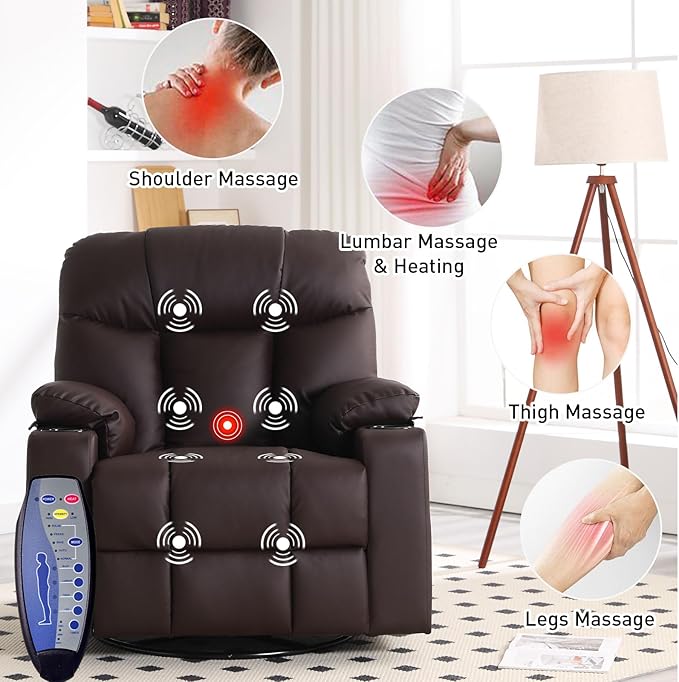 Bonzy Home Swivel Rocker Recliner with Heating and Massage, 40" Manual Rocker Recliner Chair, PU Leather Single Sofa with 2 Cup Holders for Living Room Bedroom, Brown