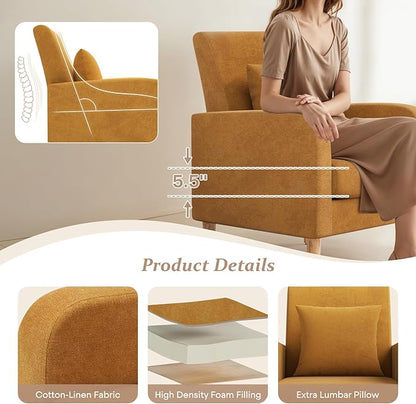 Athena Collection Armchair Modern Accent Chair Upholstered Sofa Chair with High Back, Linen Lounge Living Room Chair Single Reading Seat with Pillow & Thick Seat Cushion for Bedroom, Yellow