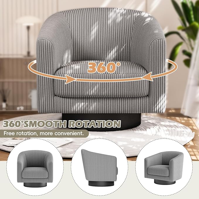 360° Swivel Accent Chairs, Modern Bucket Chair, Corduroy Barrel Armchair, Comfy Boucle Chair, Single Sofa for Living Room Bedroom. Dark Grey
