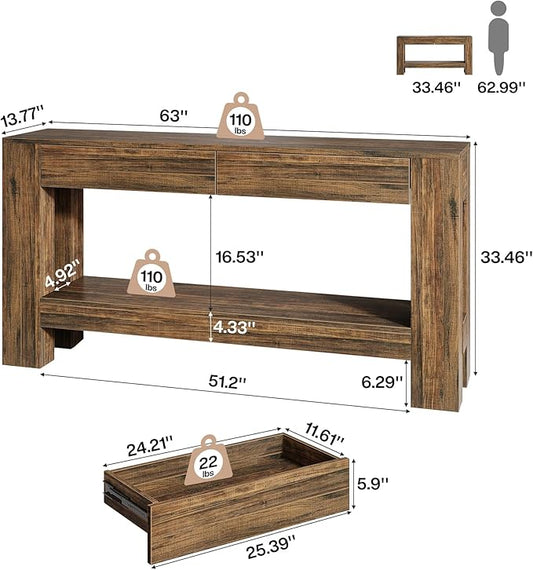 Tribesigns 63-Inch Console Table with 2 Drawers, 2-Tier Wooden Sofa Table Behind Couch, Farmhouse Entryway Console with Storage Shelf for Living Room, Entrance, Hallway (Dark Brown)