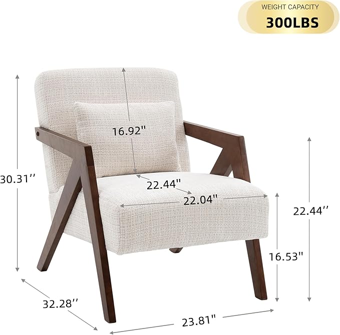 Mid-Century Modern Accent Chair Set of 2 with Solid Wood Frame，Upholstered Chenille Living Room Arm Chairs with Pillow for Bedroom, Living Room, Reading Room, Balcony, Beige
