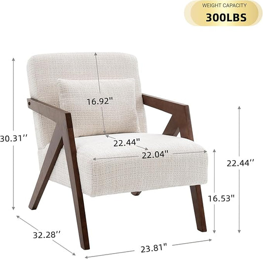 Mid-Century Modern Accent Chair with Solid Wood Frame，Upholstered Chenille Living Room Arm Chairs with Pillow for Bedroom, Living Room, Reading Room, Balcony, Beige