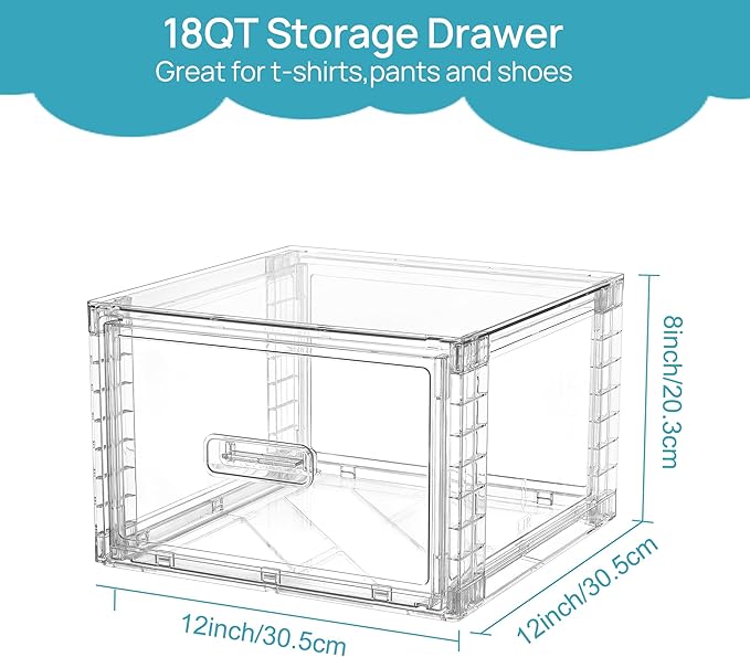 Vtopmart 2 Pack 15QT Clear Stackable Storage Drawers,Easily Assemble Closet Organizers,Plastic Storage Bins for Bathroom,Cabinet,Kitchen Pantry,Under Sink Organization(Medium)