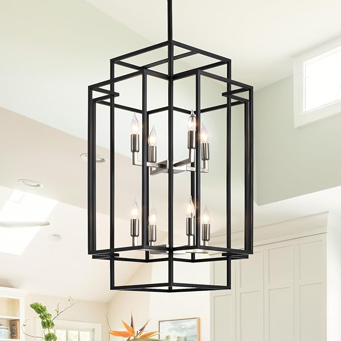 High Ceiling Foyer Chandelier: 8-Light Farmhouse Lantern Chandeliers for Entryway Industrial Large Pendant Light Fixtures for Entry Staircase Hallway Dining Room Kitchen Island, Black & Silver