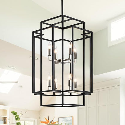 High Ceiling Foyer Chandelier: 8-Light Farmhouse Lantern Chandeliers for Entryway Industrial Large Pendant Light Fixtures for Entry Staircase Hallway Dining Room Kitchen Island, Black & Silver
