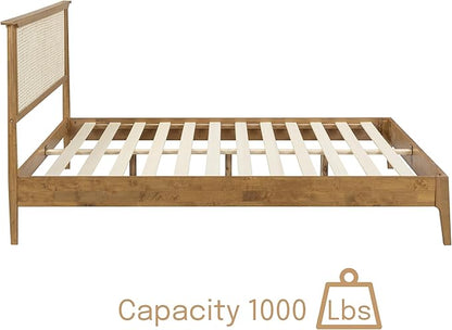 NTC Ruby Wooden Bed Frame with Headboard and Natural Rattan, Solid Oak Foundation with Silent Slats, 1000 Lb Capacity, Effortless Assembly, King - Teak Look