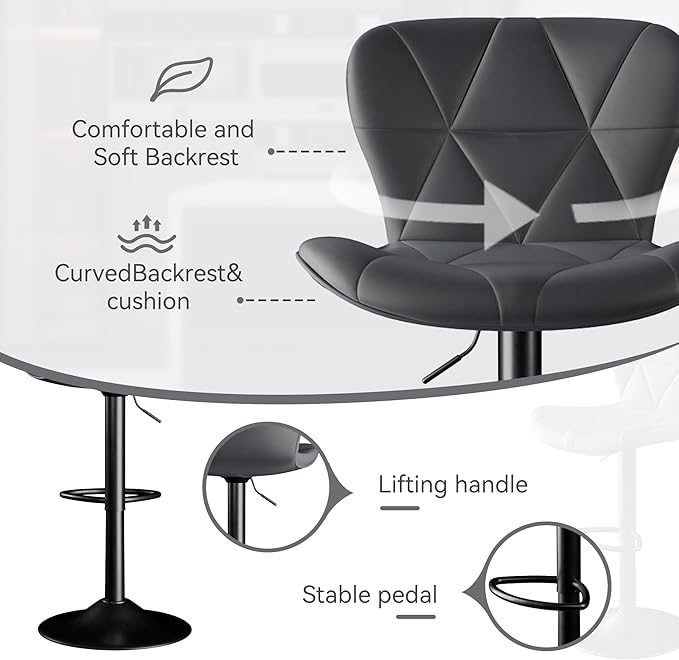 Bar Stools Set of 2, Adjustable Swivel Barstools,Counter Height Barstools with Backs Faux Leather Kitchen Island Bar Chair,Dark Grey