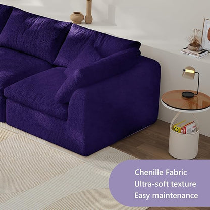 138" Boneless Cloud Couch Modular Sectional Sofa with Deep Seat for Living Room, L Shape Couch with Ottoman, Snowflake Cloth and 40D Memory Sponge，2 Throw Pillows (Purple, 4 Seater+4 Ottoman)