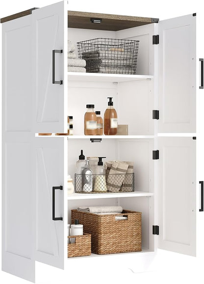 Treocho Bathroom Floor Cabinet, Farmhouse Bathroom Storage Cabinet with Doors and Adjustable Shelves, Freestanding Kitchen Pantry Cabinet, Cupboard for Living Room, Dining Room, White